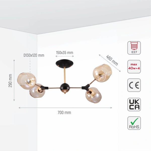 Size and specs of Amber Bell Glass Sputnik Gold Semi Flush Ceiling Light E27 | TEKLED 159-17720