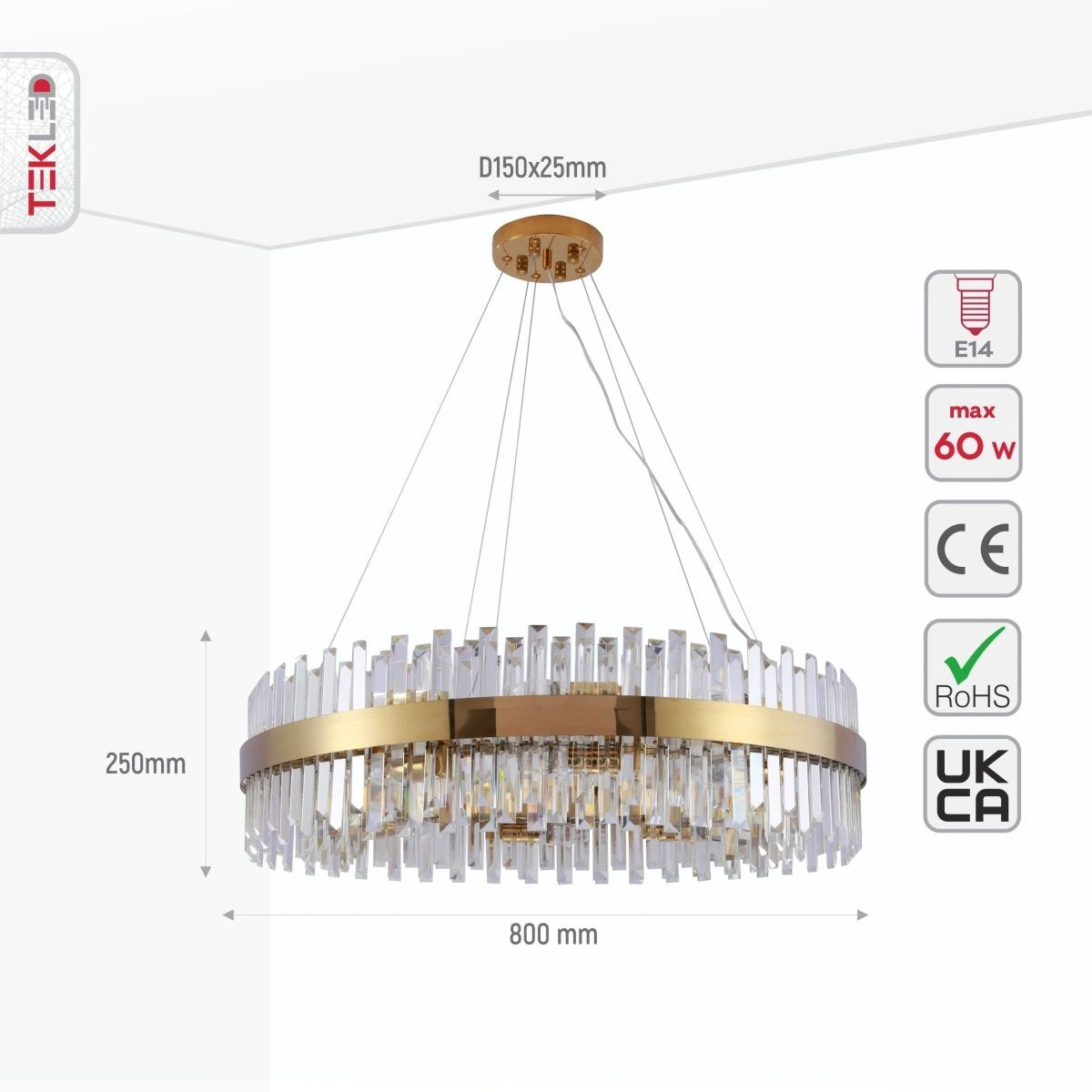 Size and specs of Coffin Crystal Gold Metal Chandelier D600 with 16xE14 Fitting | TEKLED 156-19558