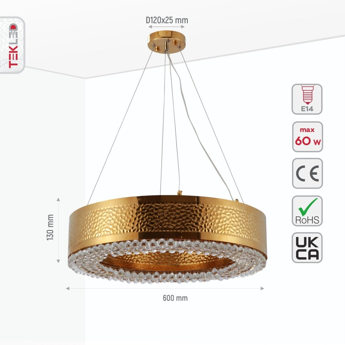 Size and specs of Ball Crystal Gold Metal Chandelier D600 with 8XE14 Fitting | TEKLED 156-19564