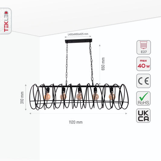 Size and specs of Black Metal Spiral Helix Island Chandelier with 5xE27 Fitting | TEKLED 150-18350