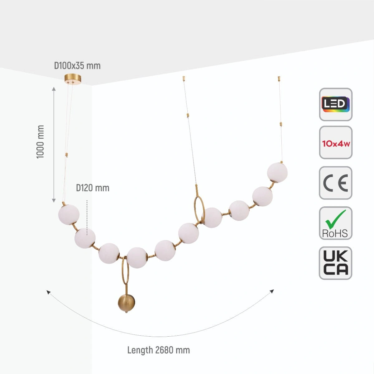 Size and specs of Contemporary Rosary Opal Globe Glass Gold Metal Chandelier Ceiling Light 40W 4000K Cool White 3 Suspension | TEKLED 159-17568