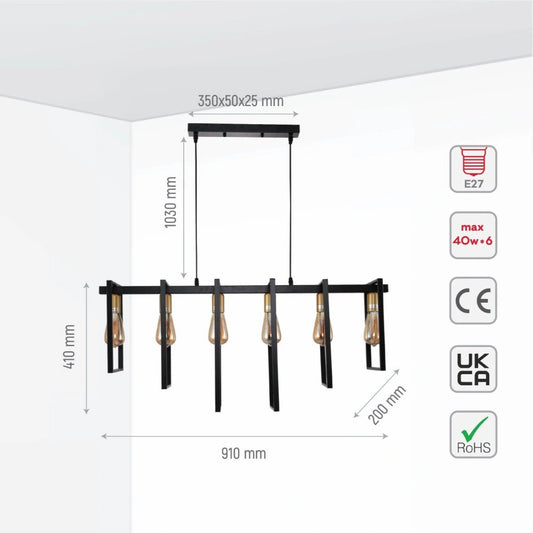 Size and specs of Black Metal Body Cage Modern Kitchen island Chandelier Ceiling Light with Gold 6xE27 Fittings | TEKLED 159-17874