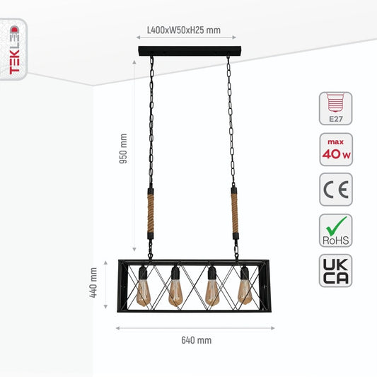 Size and specs of Black Cuboid Metal Island Chandelier with 4xE27 Fitting | TEKLED 158-17870