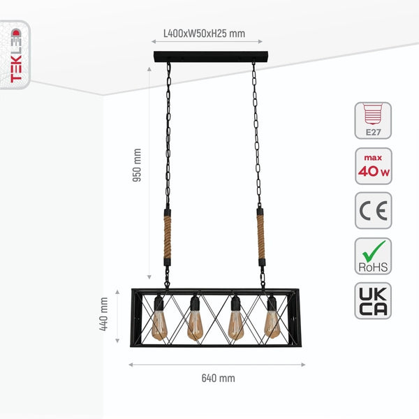 Size and specs of Black Cuboid Metal Island Chandelier with 4xE27 Fitting | TEKLED 158-17870