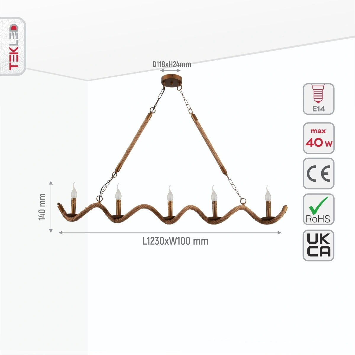 Size and specs of Hemp Rope Spiral Island Chandelier with 5xE14 Fitting | TEKLED 158-17592