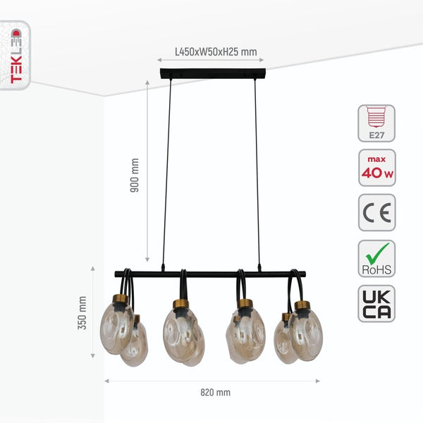 Size and specs of Amber Glass Black Metal Island Chandelier with 8xE27 Fitting | TEKLED 158-19574