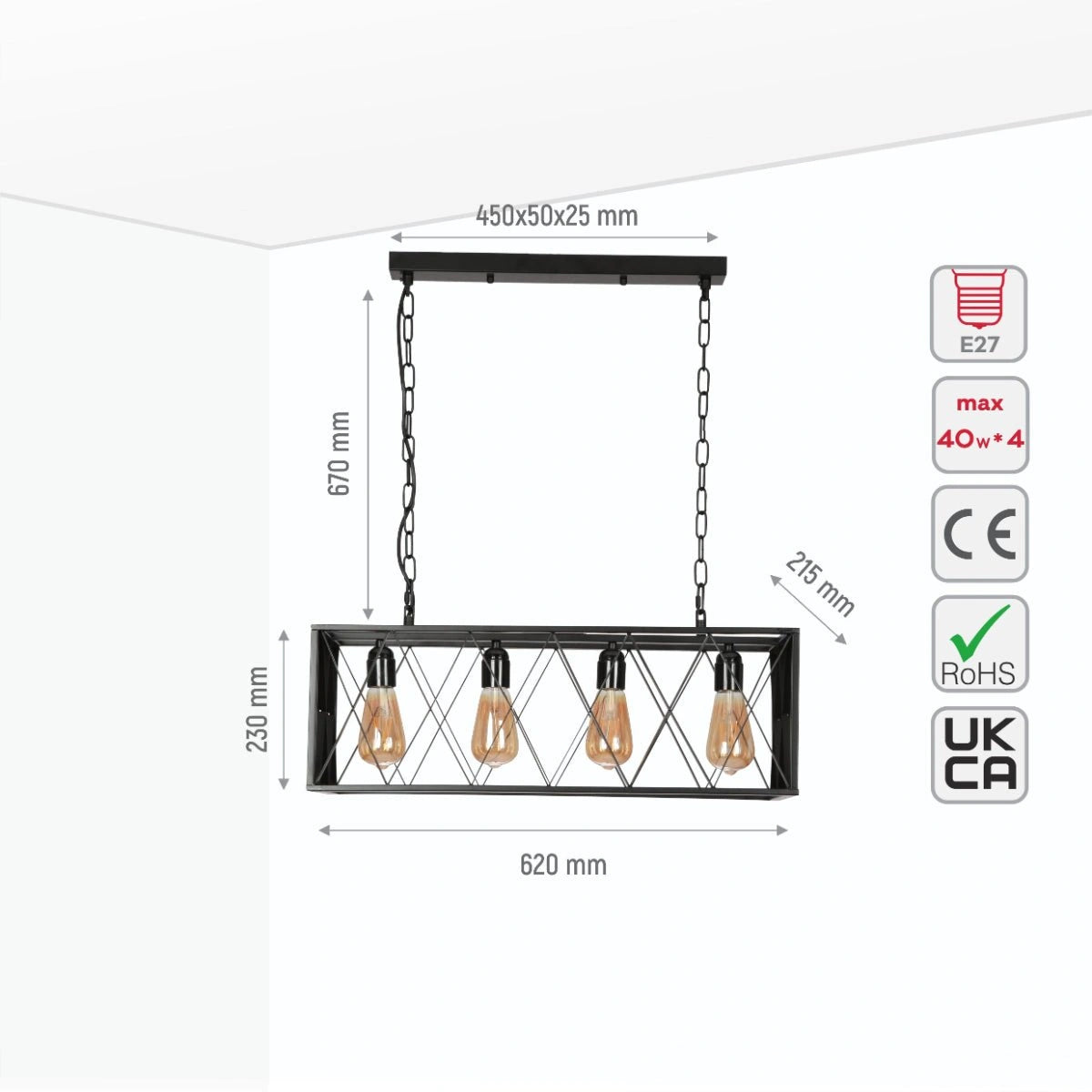 Size and specs of Black Cuboid Metal Kitchen Island Chandelier Ceiling Light with 4xE27 | TEKLED 150-18099