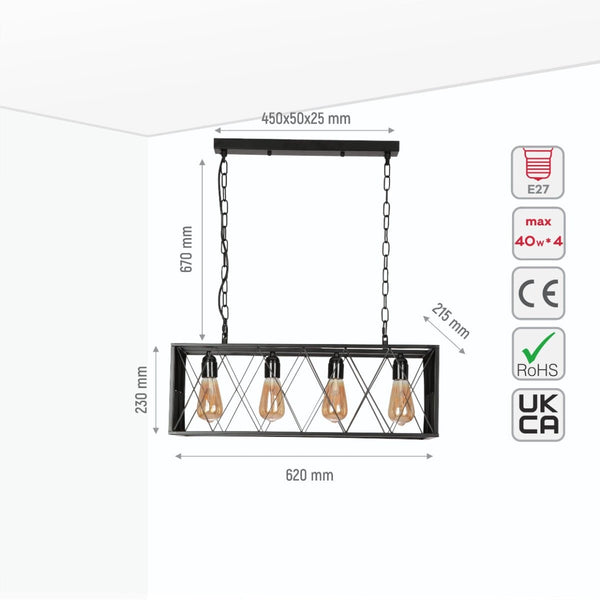 Size and specs of Black Cuboid Metal Kitchen Island Chandelier Ceiling Light with 4xE27 | TEKLED 150-18099