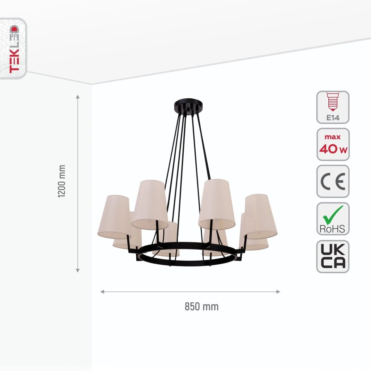 Size and specs of Beige Fabric Shade Black Metal Body Chandelier with 8xE14 Fitting | TEKLED 159-17556