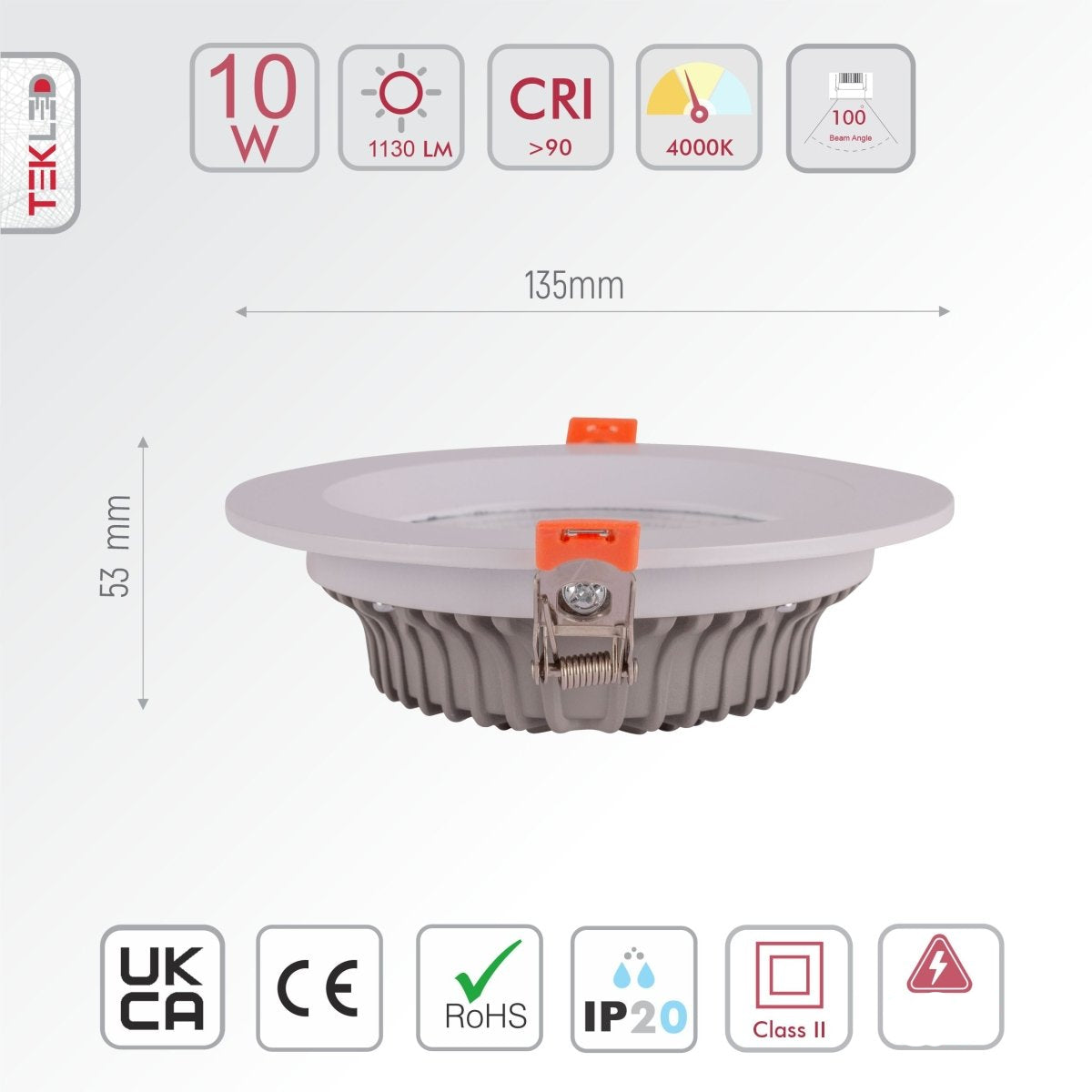 Size and specs of LED COB Recessed Downlight 10W Cool White 4000K White | TEKLED 165-03398