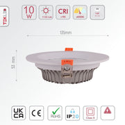 Size and specs of LED COB Recessed Downlight 10W Cool White 4000K White | TEKLED 165-03398