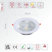 Size and specs of LED COB Recessed Downlight 30W Cool White 5000K White | TEKLED 165-03404