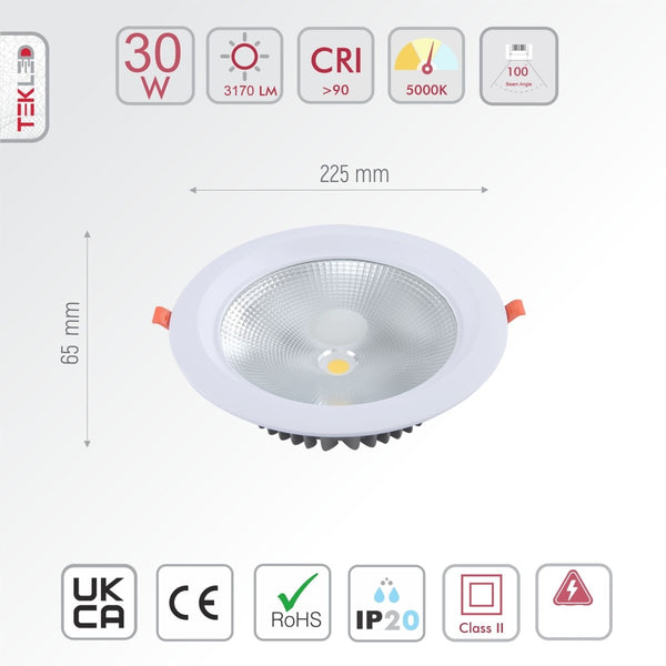 Size and specs of LED COB Recessed Downlight 30W Cool White 5000K White | TEKLED 165-03404