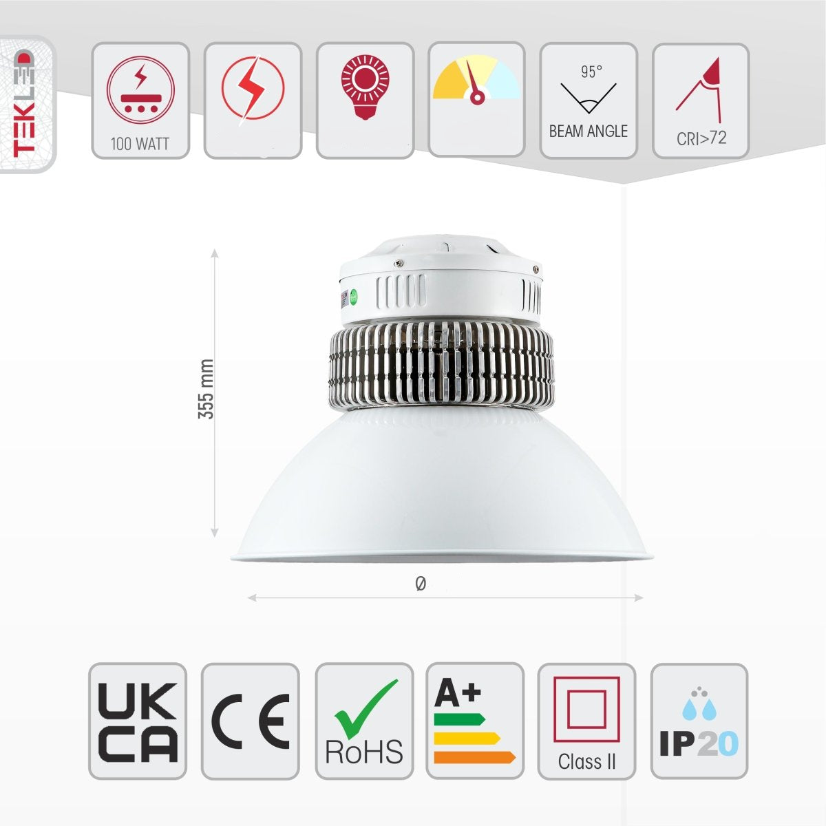 Size and specs of LED Radiator Highbay 100W Cool White 6000K IP20 | TEKLED 230-03560