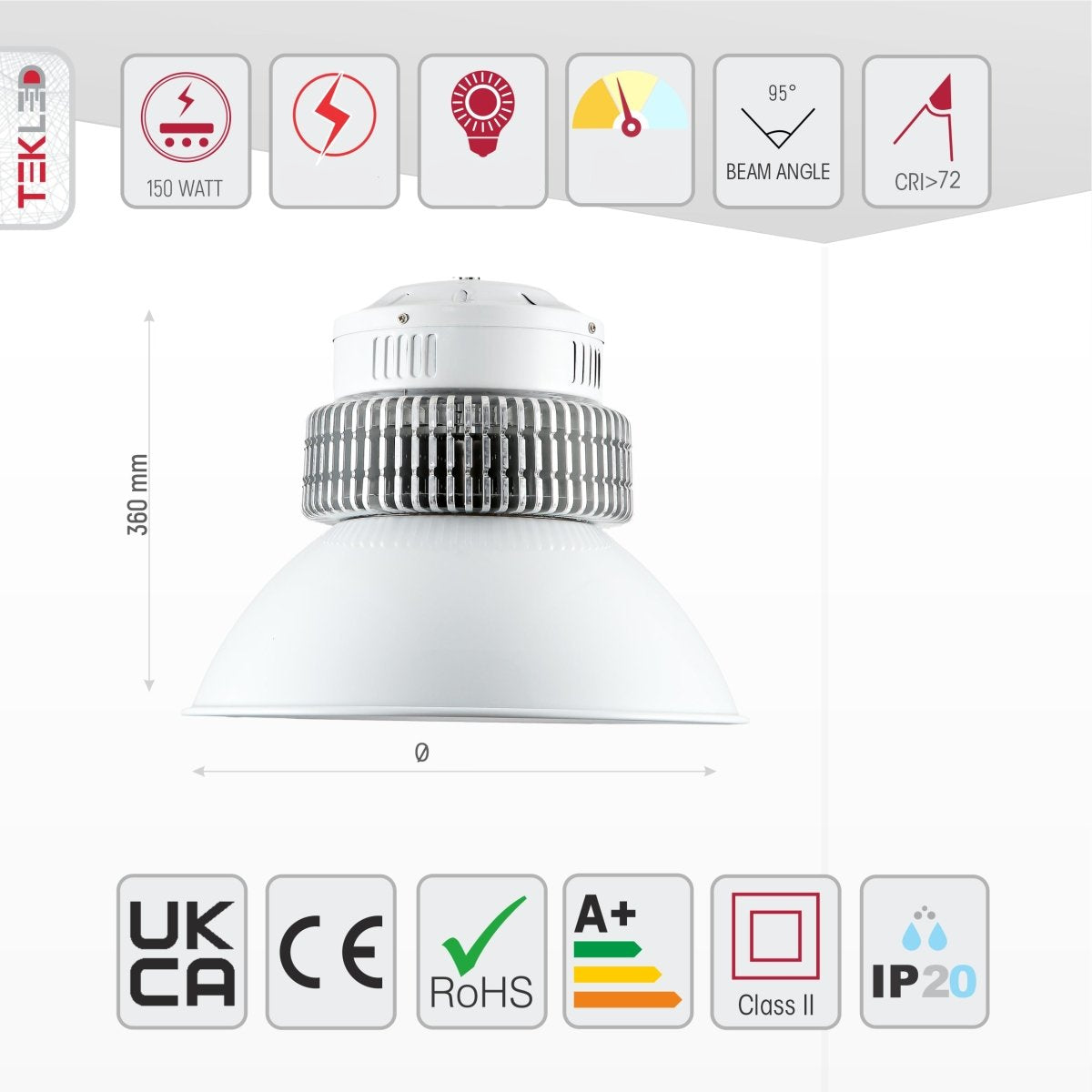 Size and specs of LED Radiator Highbay 150W Cool White 6000K IP20 | TEKLED 230-03565