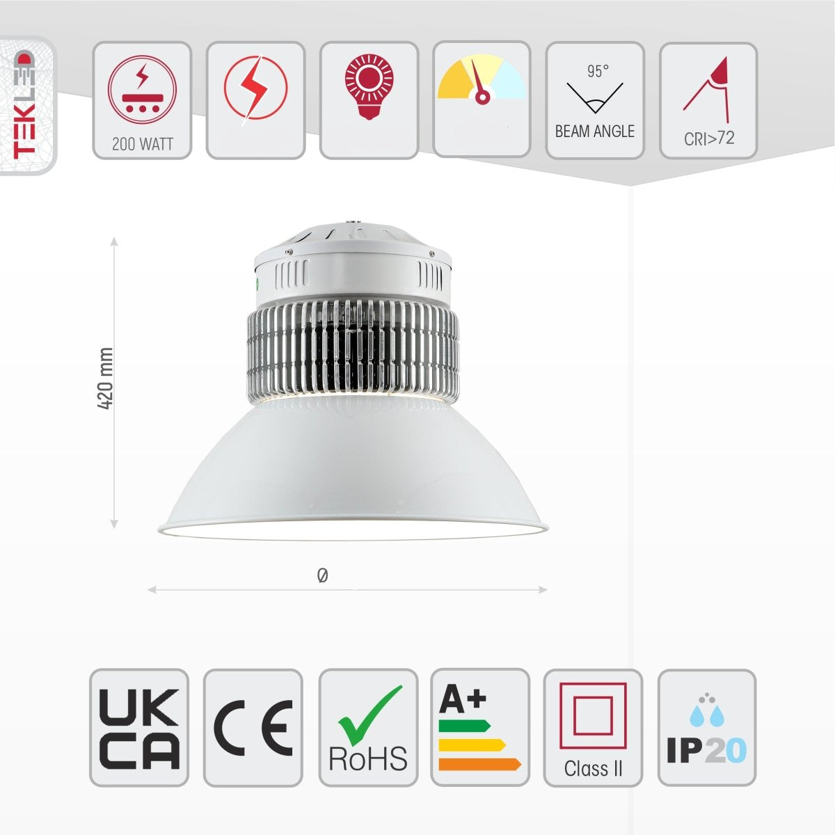 Size and specs of LED Radiator Highbay 200W Cool White 6000K IP20 | TEKLED 230-03570