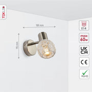 Size and specs of Matte Nickel Metal Silver Globe Nest Hinged Wall Light with E14 Fitting | TEKLED 151-19697