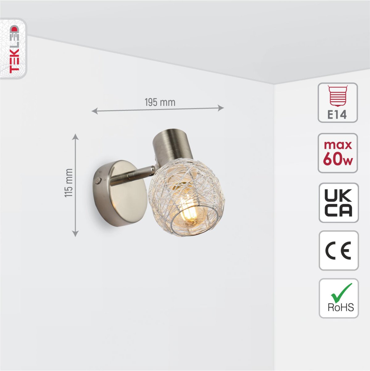 Size and specs of Matte Nickel Metal Silver Globe Nest Hinged Wall Light with E14 Fitting | TEKLED 151-19697
