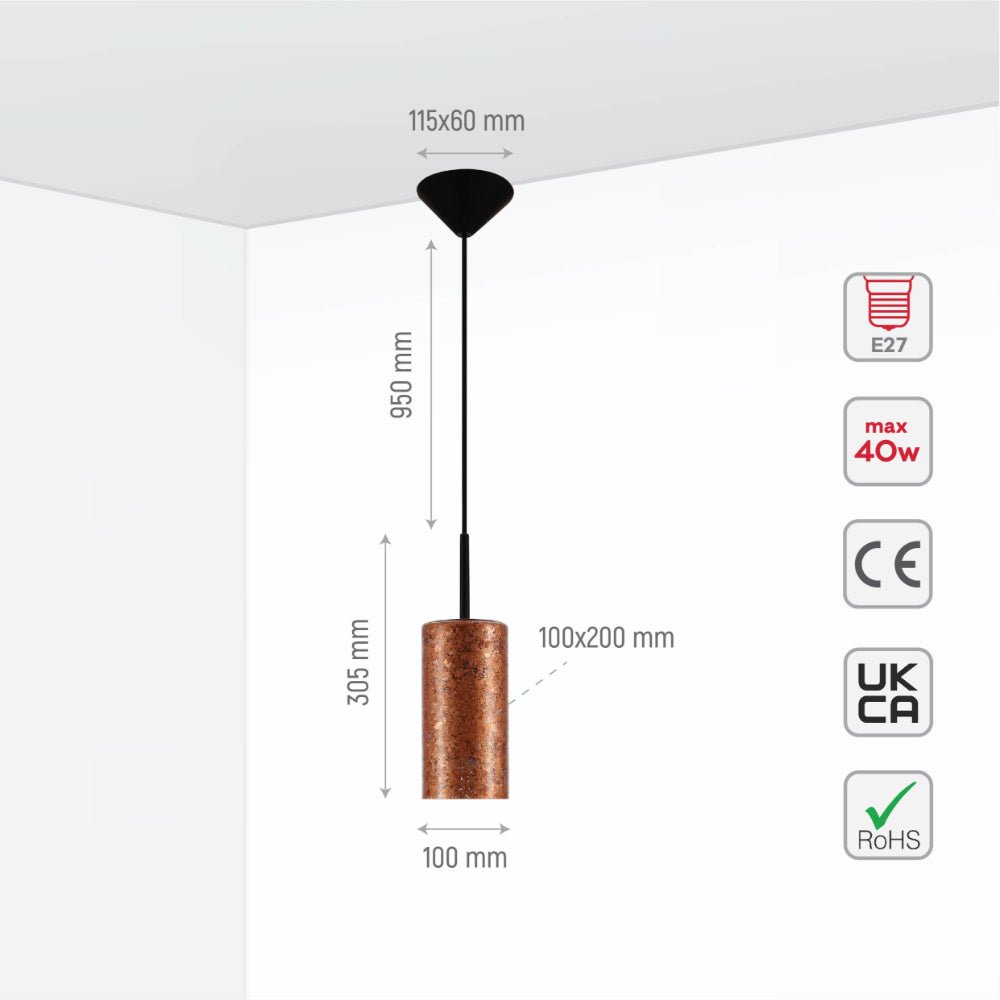 Size and specs of Nebula Copper Cylinder Glass Pendant Ceiling Light with E27 Fitting | TEKLED 158-19760