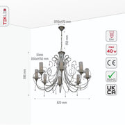 Size and specs of Opal Cylinder Glass Chrome Metal 8 Arm Chandelier with 8xE14 Fitting | TEKLED 158-17818