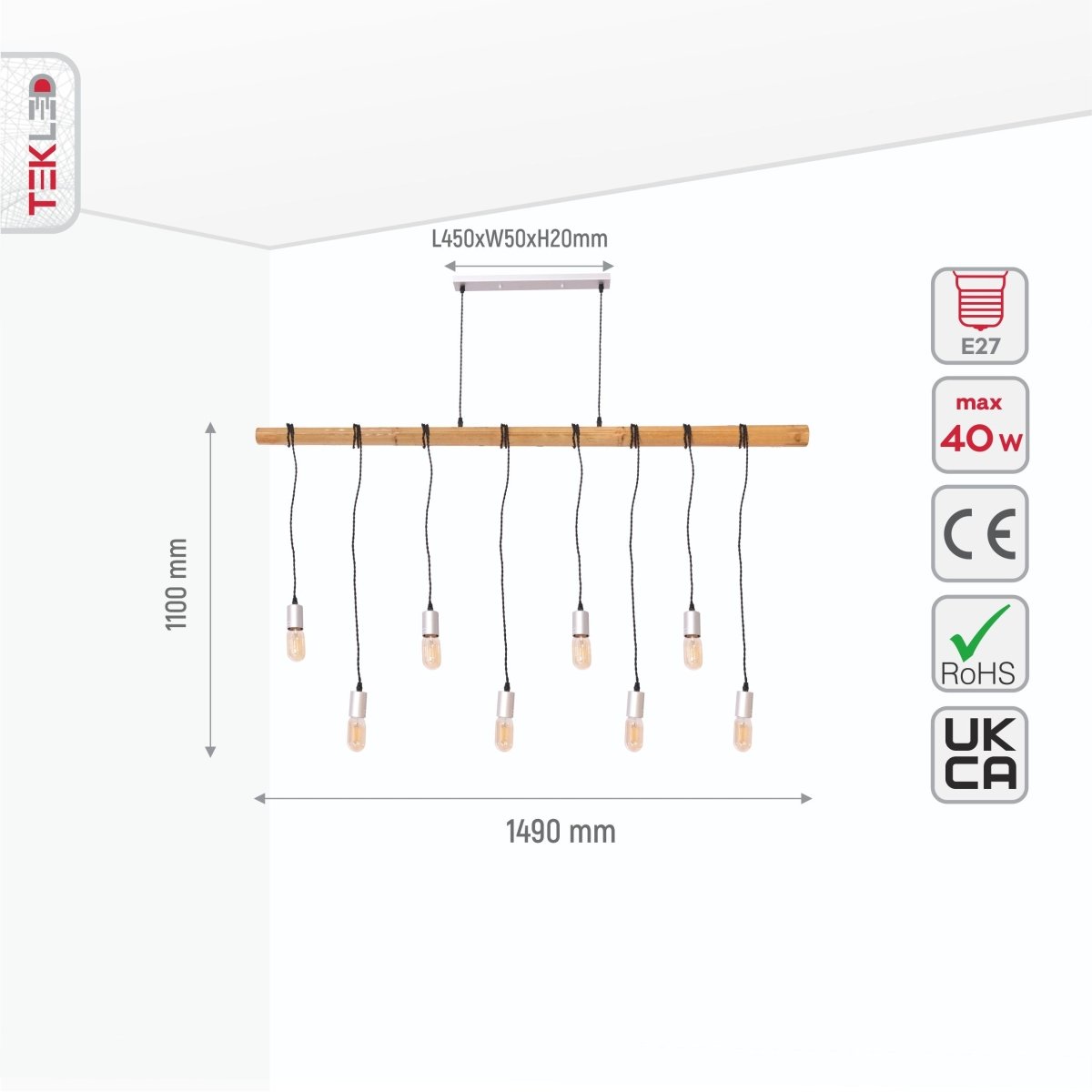 Tamaño y especificaciones del Candelabro de Múltiple Colgante de Barra de Madera con 8 portalámparas E27 | TEKLED 159-17504