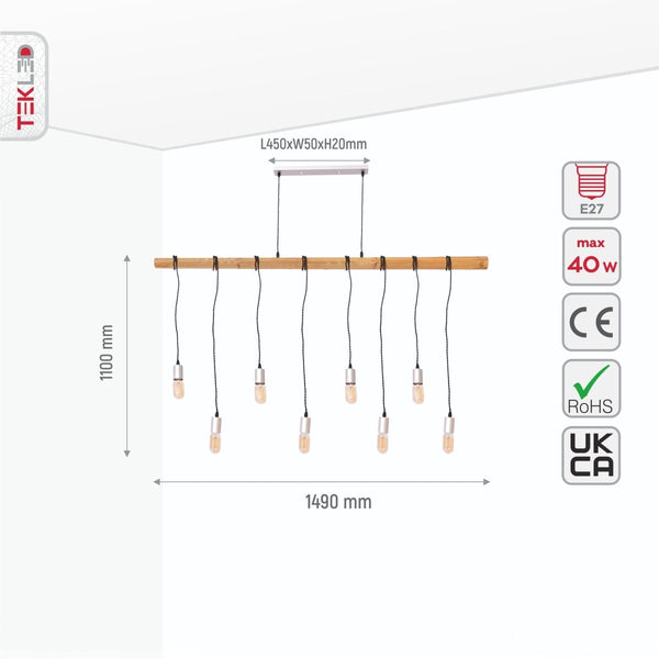 Tamaño y especificaciones del Candelabro de Múltiple Colgante de Barra de Madera con 8 portalámparas E27 | TEKLED 159-17504