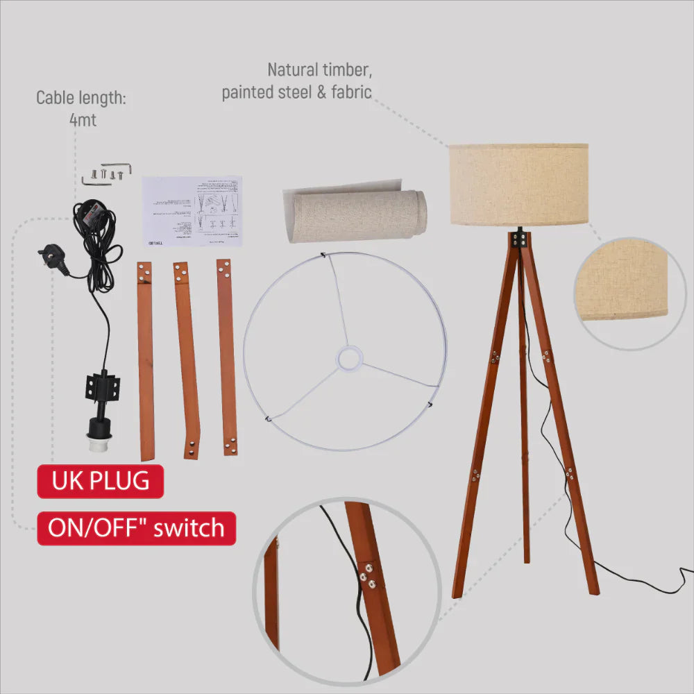 Details of Mid-century Wooden Tripod Vintage Floor Lamp Dark Brown Flaxen | TEKLED 130-03516