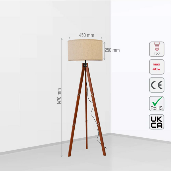 Size and tech specs of Mid-century Wooden Tripod Vintage Floor Lamp Dark Brown Flaxen | TEKLED 130-03516