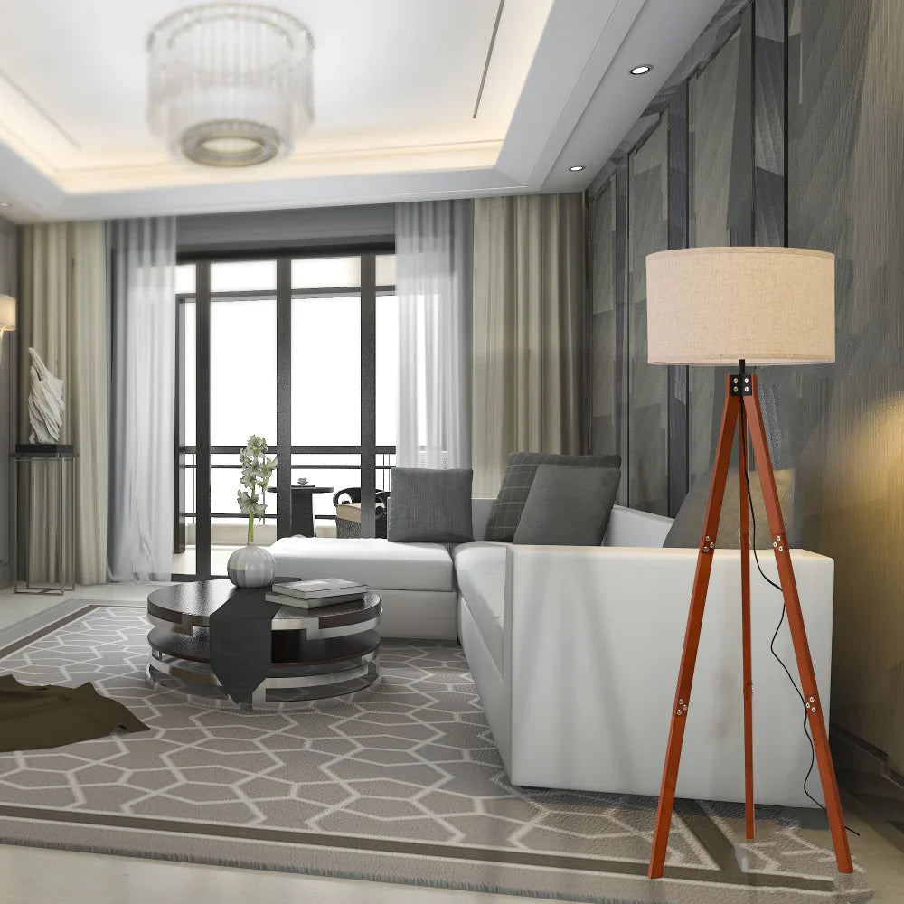 Interior use of Mid-century Wooden Tripod Vintage Floor Lamp Dark Brown Flaxen | TEKLED 130-03516