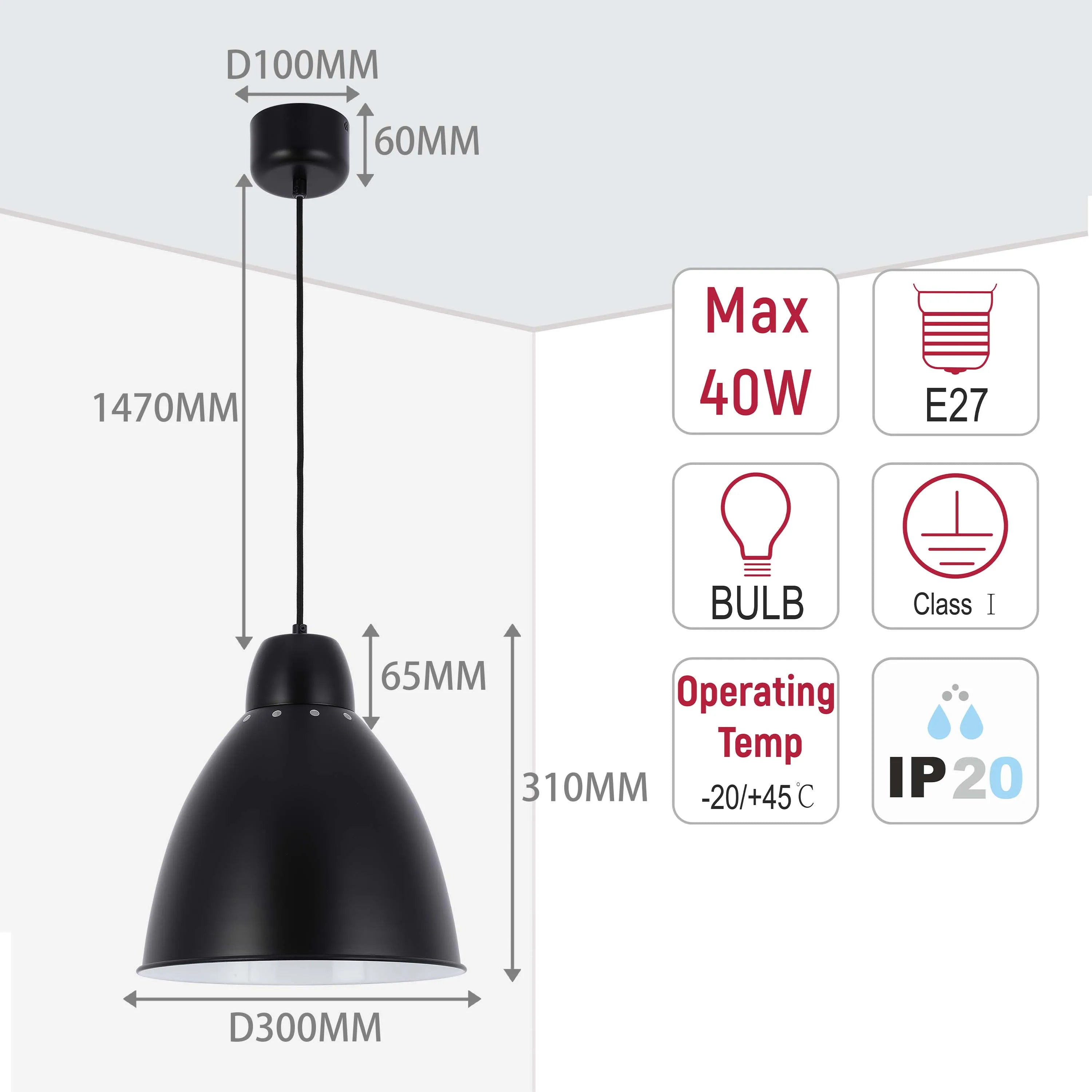 Lámpara colgante moderna tipo campana – Diámetro 300 mm, casquillo E27, cable ajustable