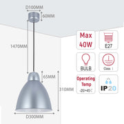 Lámpara colgante moderna tipo campana – Diámetro 300 mm, casquillo E27, cable ajustable