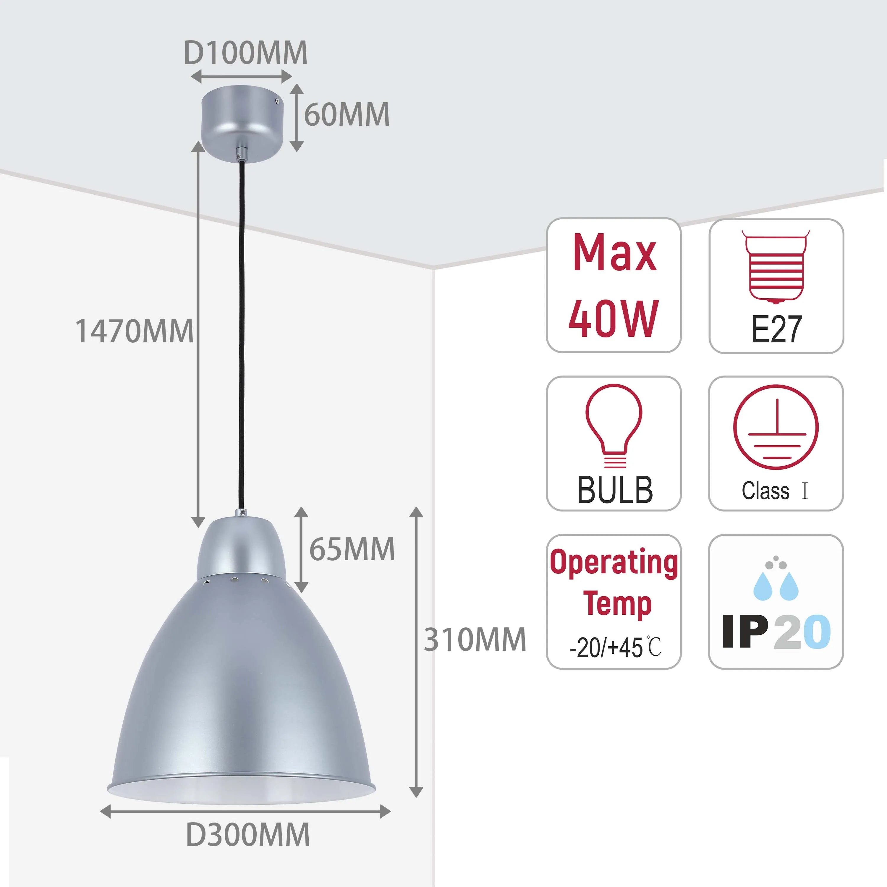 Lámpara colgante moderna tipo campana – Diámetro 300 mm, casquillo E27, cable ajustable