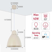 Lámpara colgante moderna tipo campana – Diámetro 300 mm, casquillo E27, cable ajustable