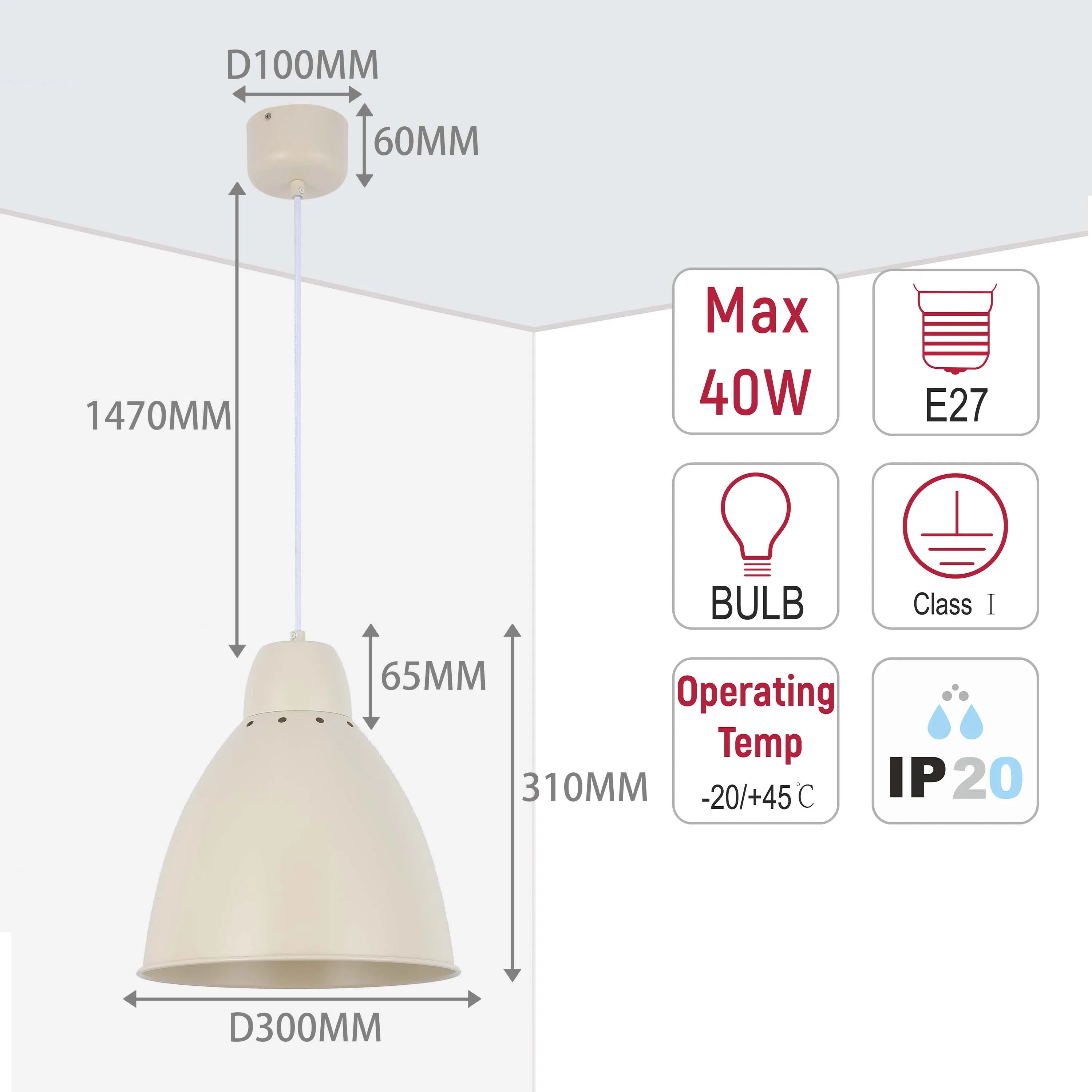 Lámpara colgante moderna tipo campana – Diámetro 300 mm, casquillo E27, cable ajustable
