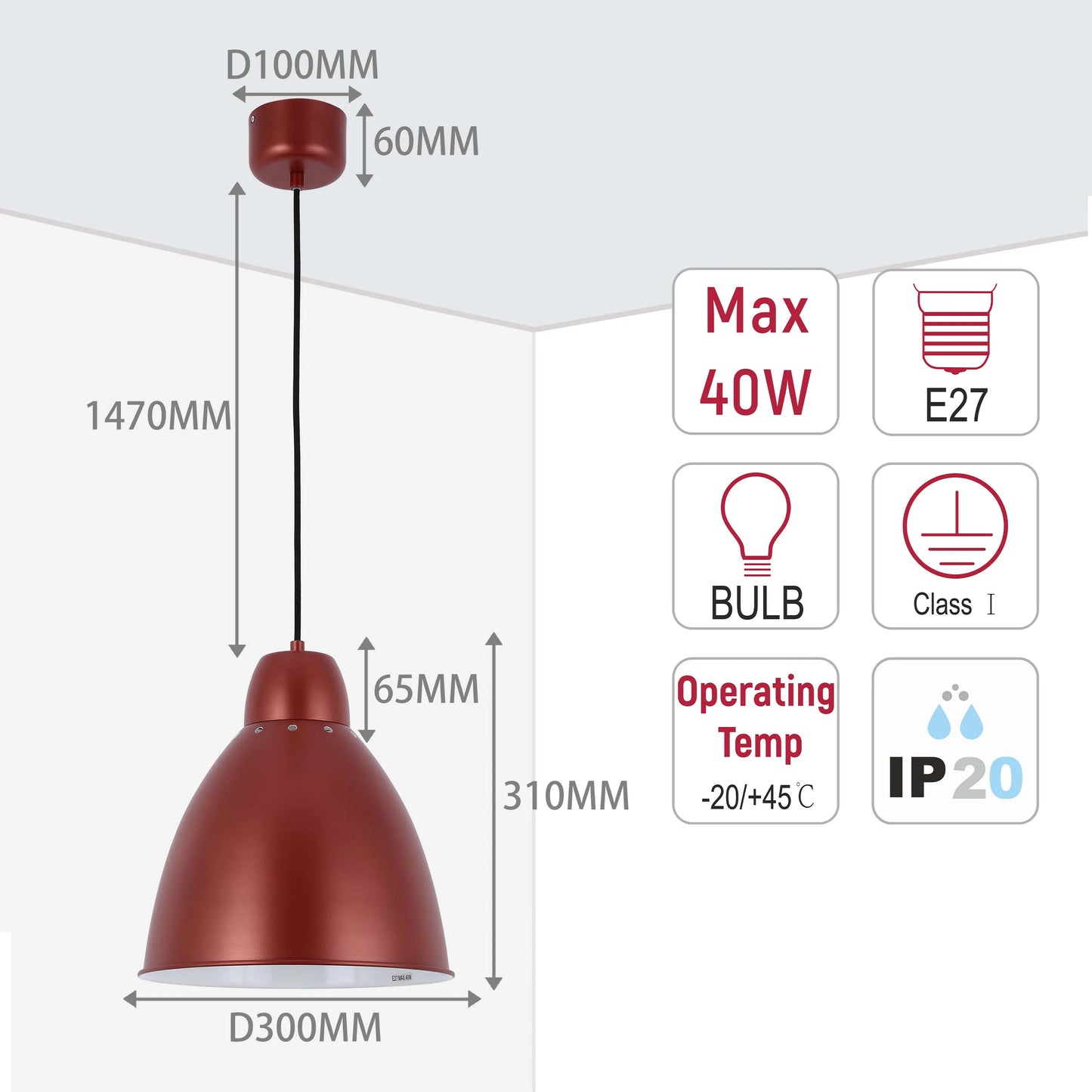 Lámpara colgante moderna tipo campana – Diámetro 300 mm, casquillo E27, cable ajustable