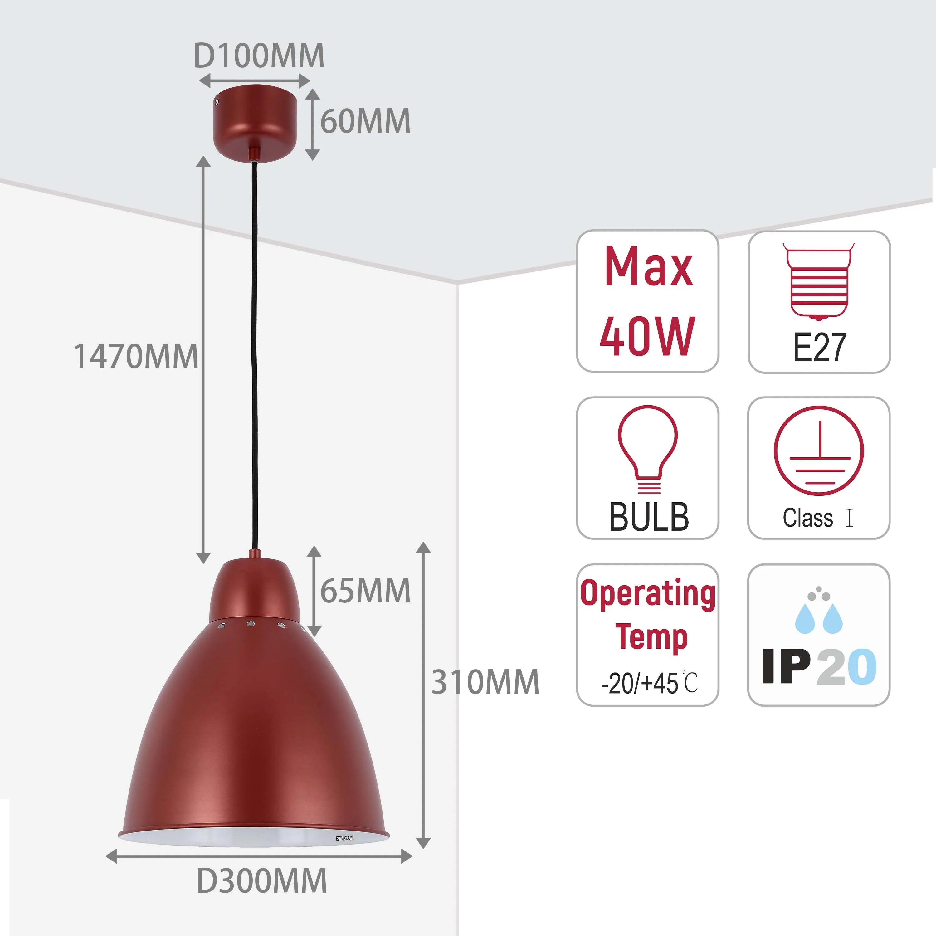 Lámpara colgante moderna tipo campana – Diámetro 300 mm, casquillo E27, cable ajustable