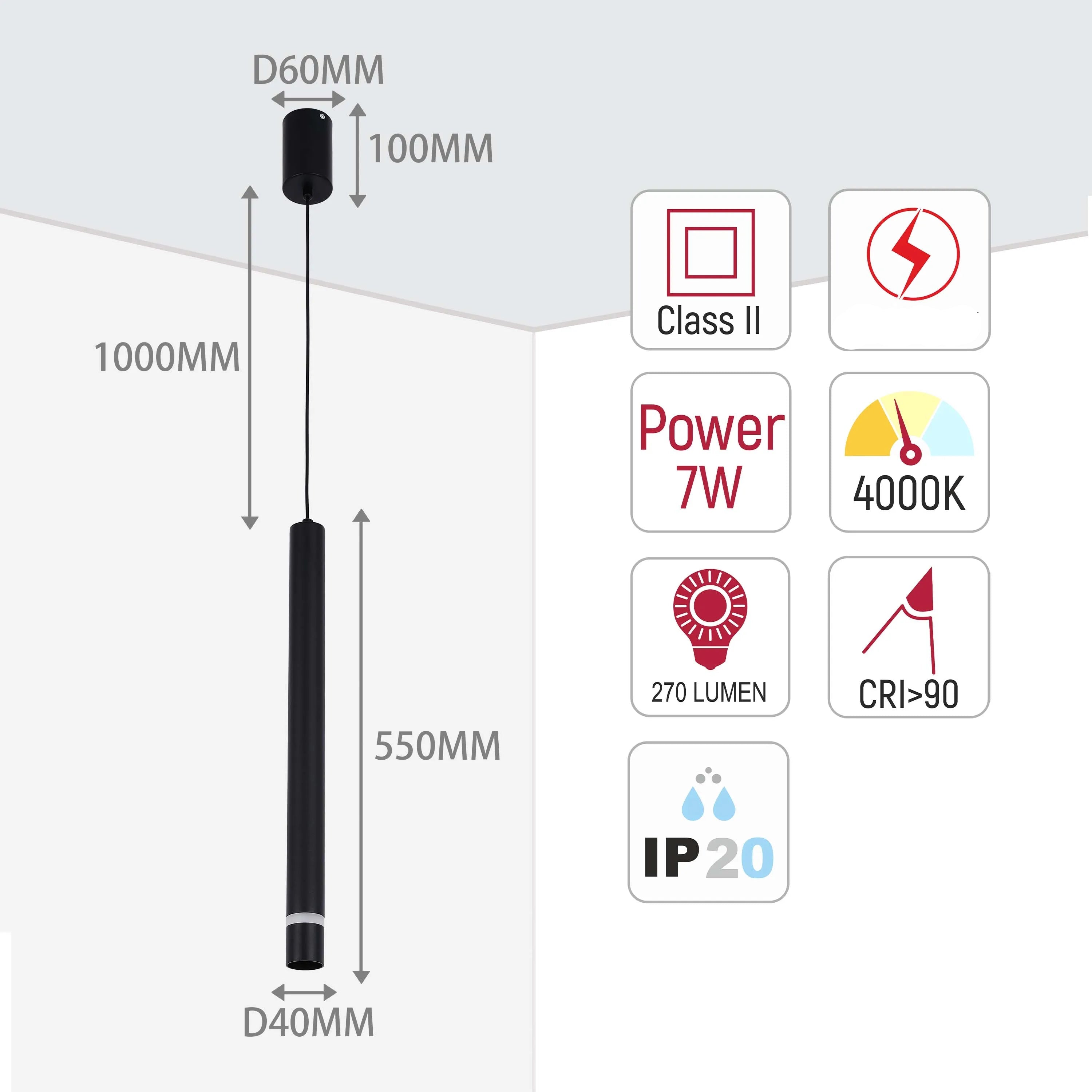 Lámpara colgante LED cilíndrica delgada - 7W, 4000K luz blanca fría, IP20