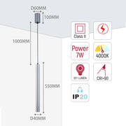 Lámpara colgante LED cilíndrica delgada - 7W, 4000K luz blanca fría, IP20