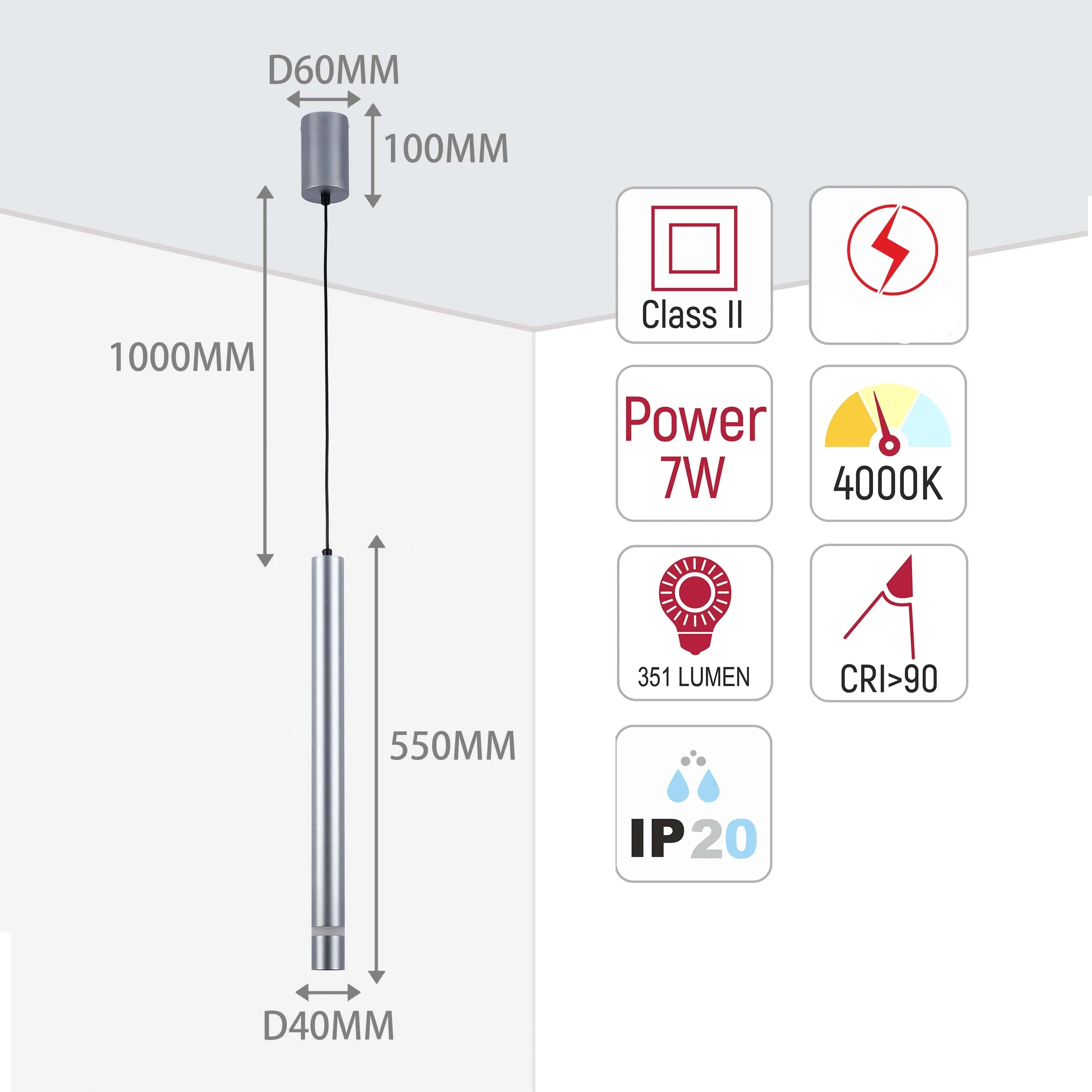 Lámpara colgante LED cilíndrica delgada - 7W, 4000K luz blanca fría, IP20