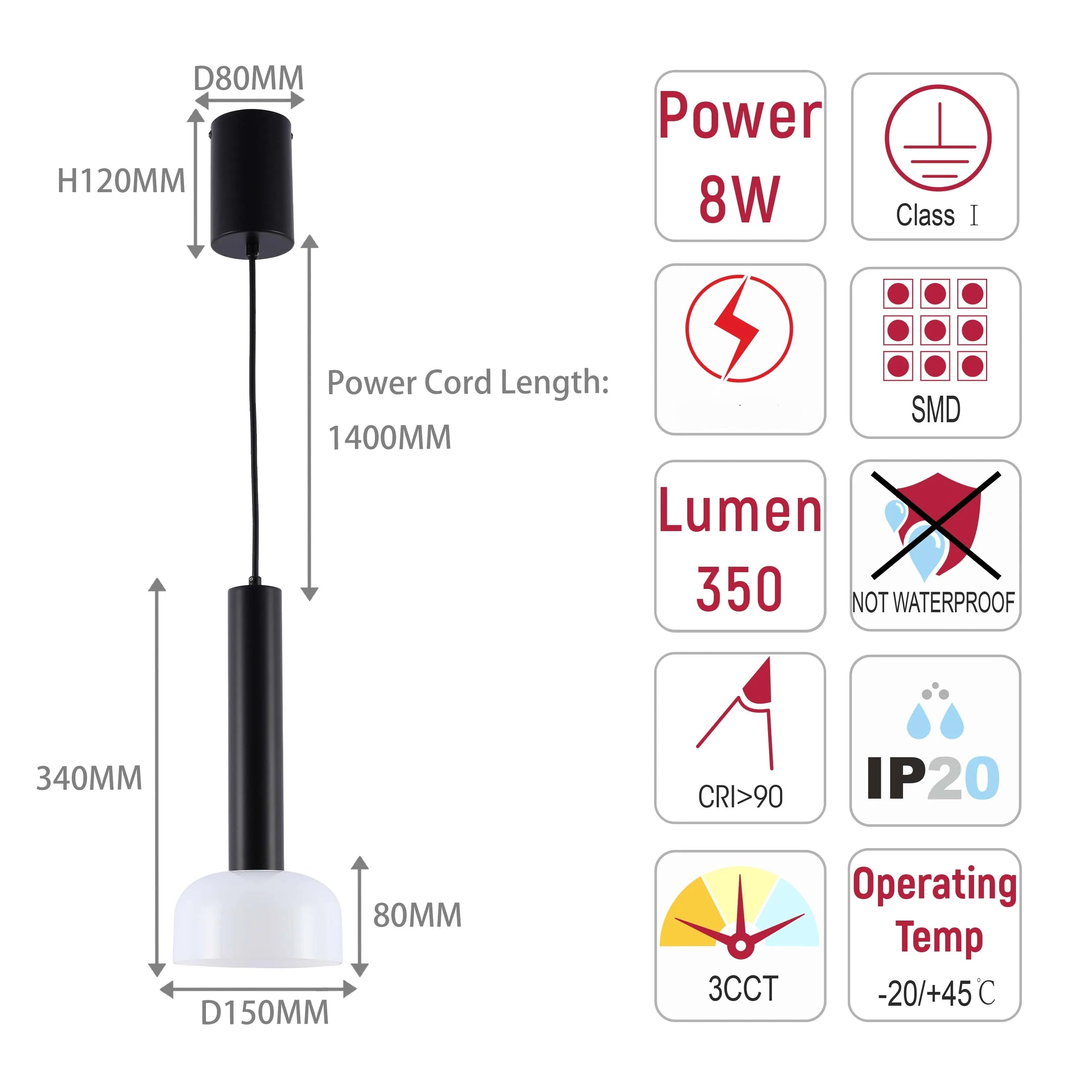 Lámpara colgante LED cilíndrica minimalista - 8W, 3CCT, 340 mm de largo
