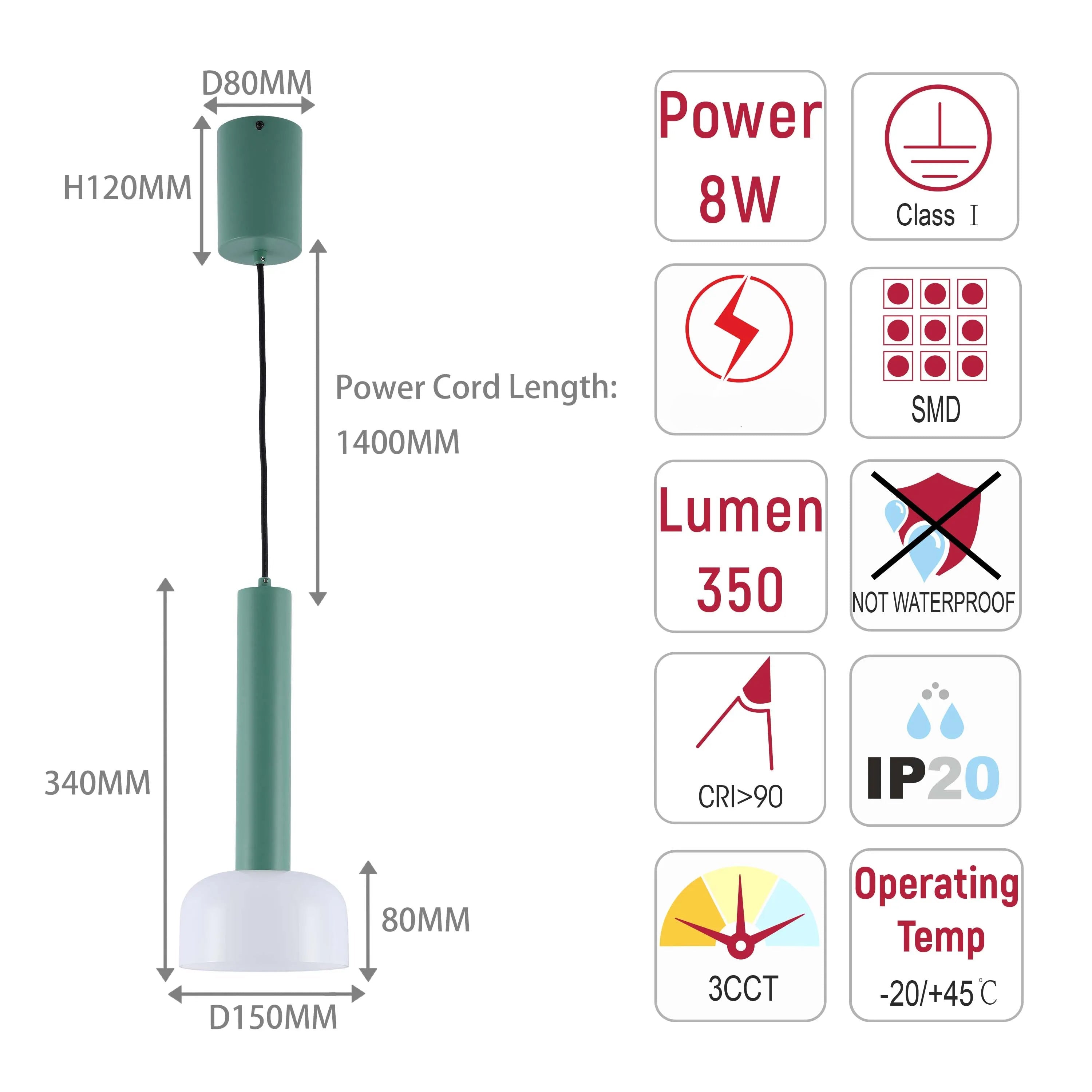 Lámpara colgante LED cilíndrica minimalista - 8W, 3CCT, 340 mm de largo