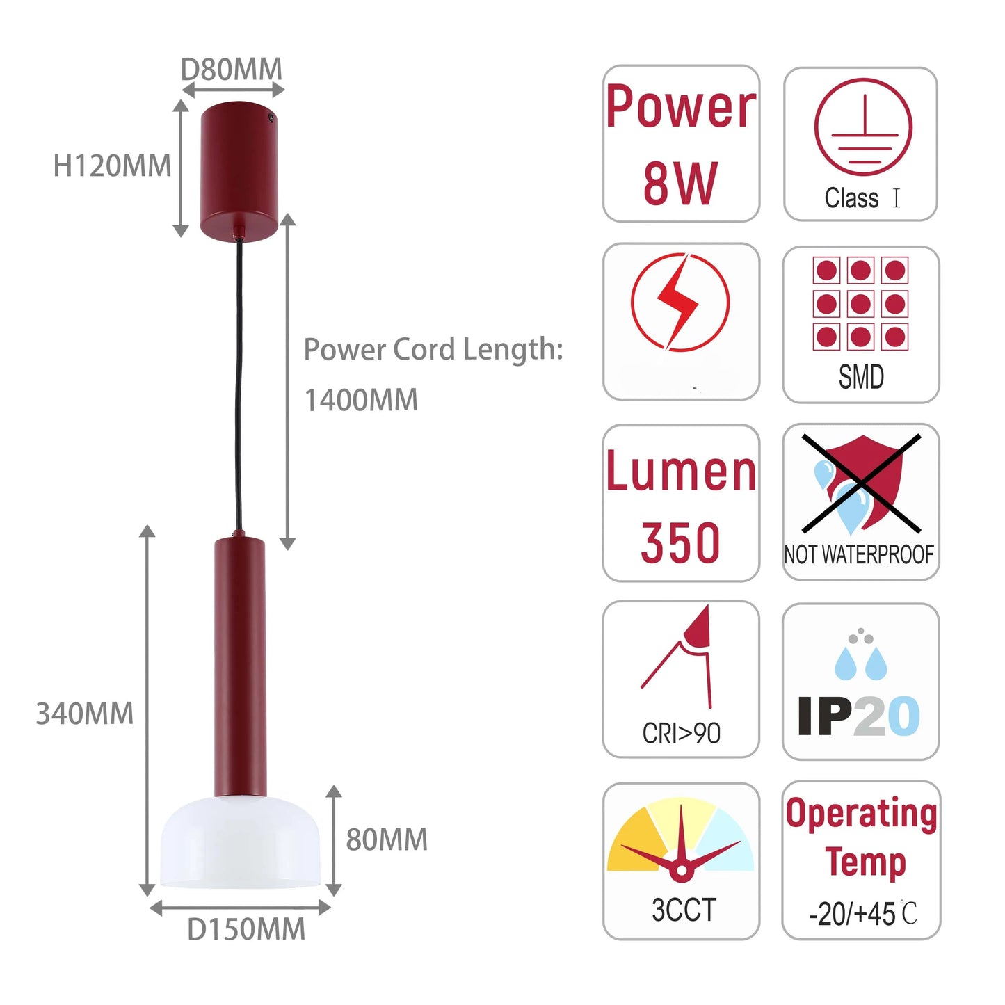 Lámpara colgante LED cilíndrica minimalista - 8W, 3CCT, 340 mm de largo
