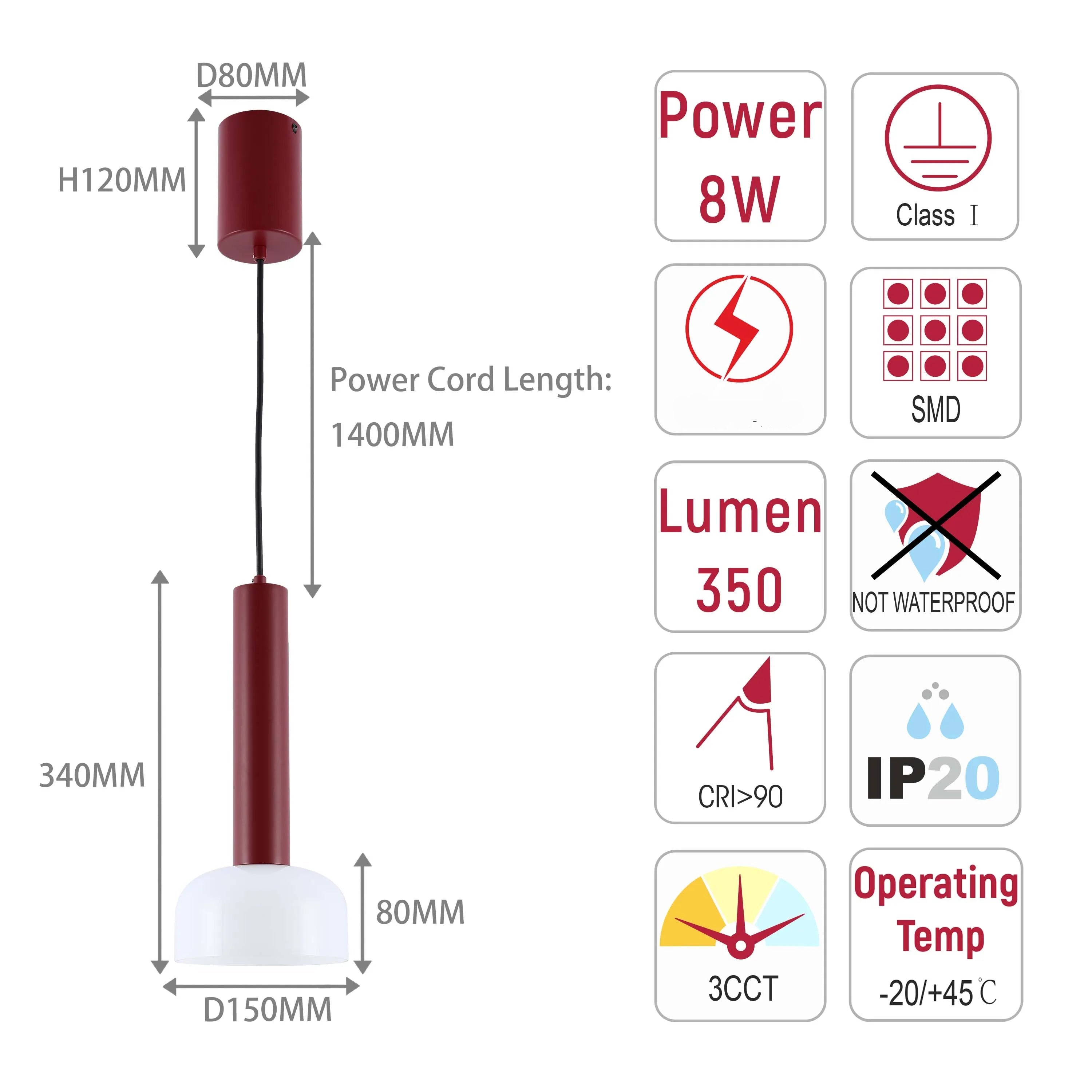 Lámpara colgante LED cilíndrica minimalista - 8W, 3CCT, 340 mm de largo