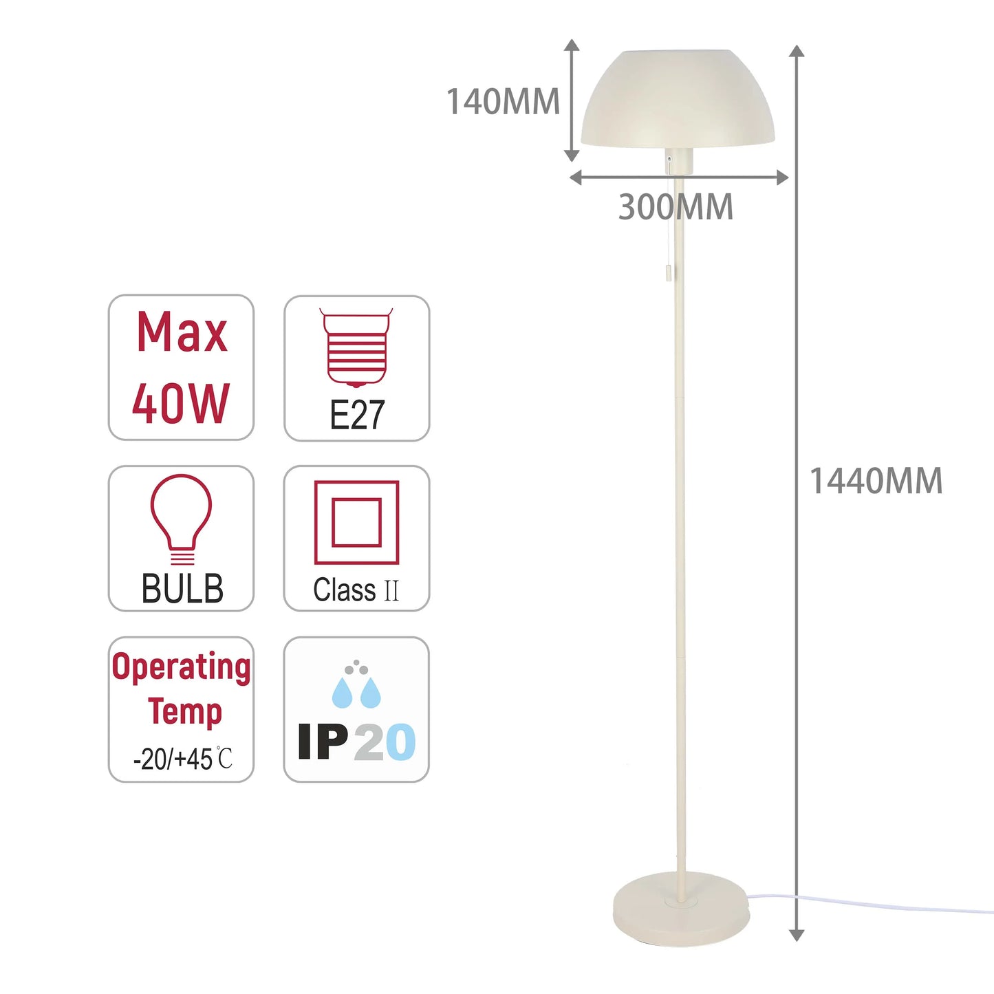 Lámpara de pie moderna tipo cúpula – Portalámparas E27, altura 1440 mm, interruptor de cadena tira