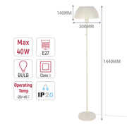 Lámpara de pie moderna tipo cúpula – Portalámparas E27, altura 1440 mm, interruptor de cadena tira