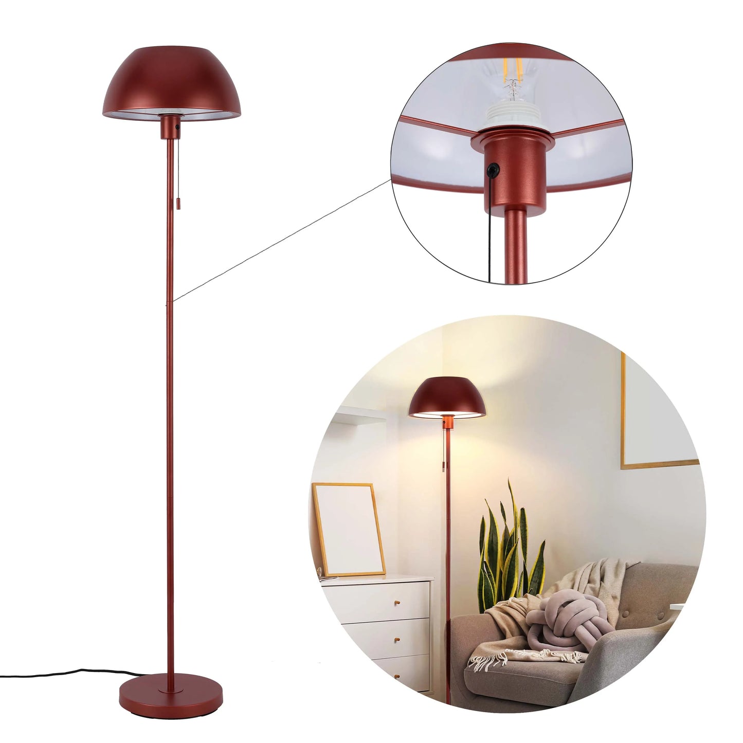 Lámpara de pie moderna tipo cúpula – Portalámparas E27, altura 1440 mm, interruptor de cadena tira