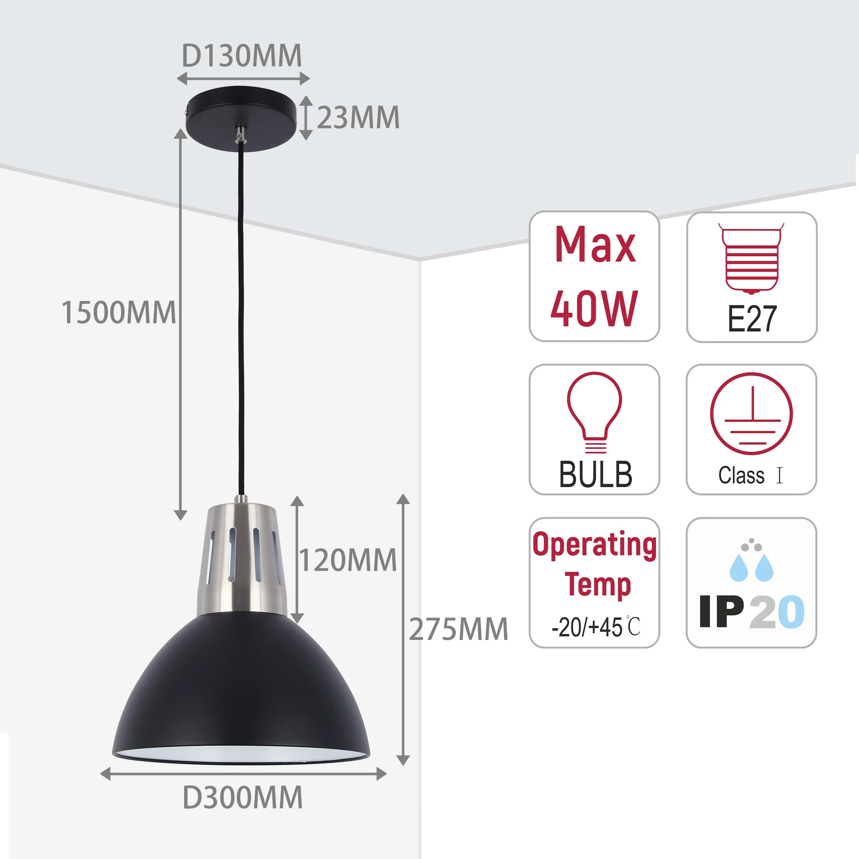 Lámpara colgante moderna tipo cúpula – Casquillo E27, diámetro 280 mm, regulable