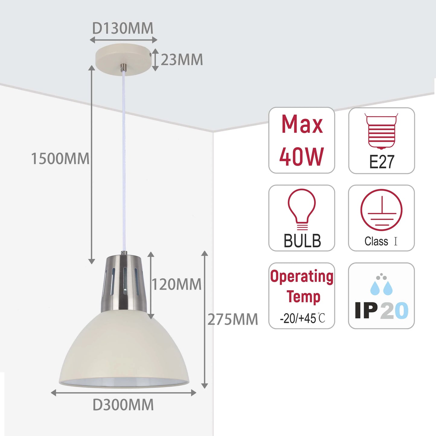Lámpara colgante moderna tipo cúpula – Casquillo E27, diámetro 280 mm, regulable