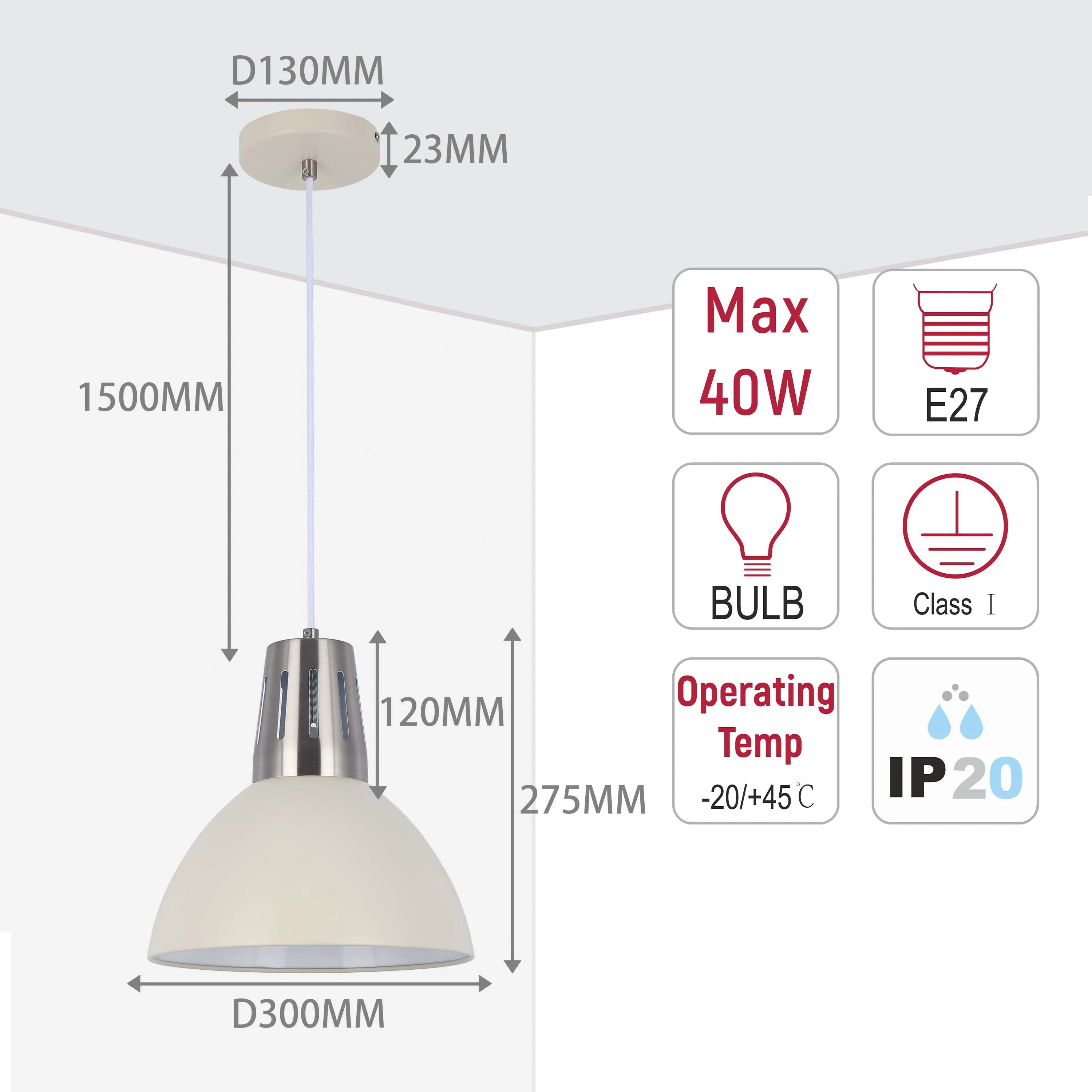 Lámpara colgante moderna tipo cúpula – Casquillo E27, diámetro 280 mm, regulable