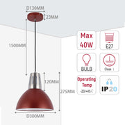 Lámpara colgante moderna tipo cúpula – Casquillo E27, diámetro 280 mm, regulable